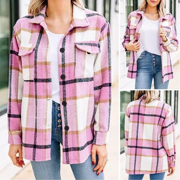 Unknown Jackets & Blazers - Plaid Pink Blue Cozy Fleece Button Down Jacket